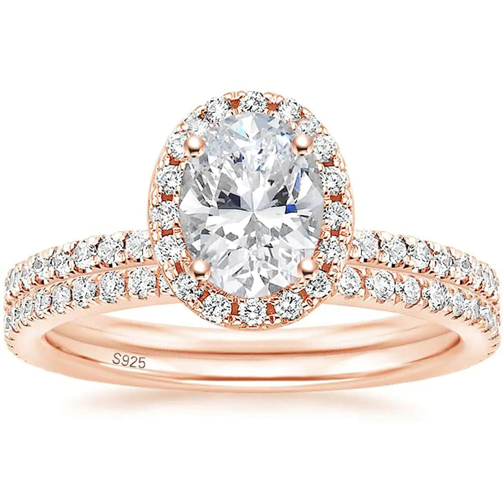 1.5CT 925 Sterling Silver Cubic Zirconia Bridal Rings Sets Rose Gold Oval Cut CZ Engagement Rings Wedding Band For Women Size 4
