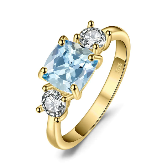 JewelryPalace Cushion Cut 2.6ct Genuine Blue Topaz 3 stones Rings for Her 14K Yellow Gold 925 Sterling Silver Promise Ring for Women Natural Gemstone Jewelry Sets Rings 7