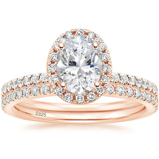 1.5CT 925 Sterling Silver Cubic Zirconia Bridal Rings Sets Rose Gold Oval Cut CZ Engagement Rings Wedding Band For Women Size 4