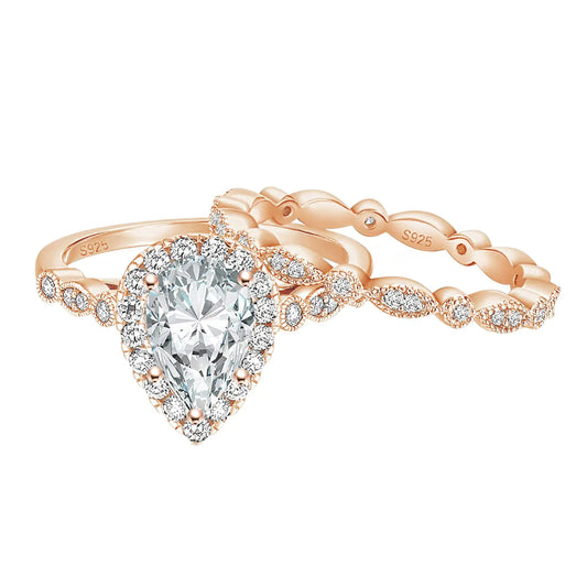 EAMTI 1.25CT 925 Rose Gold Sterling Silver Bridal Ring Sets Teardrop CZ Engagement Rings Vintage Pear Promise Rings Marquise Wedding Bands for Women Size 11